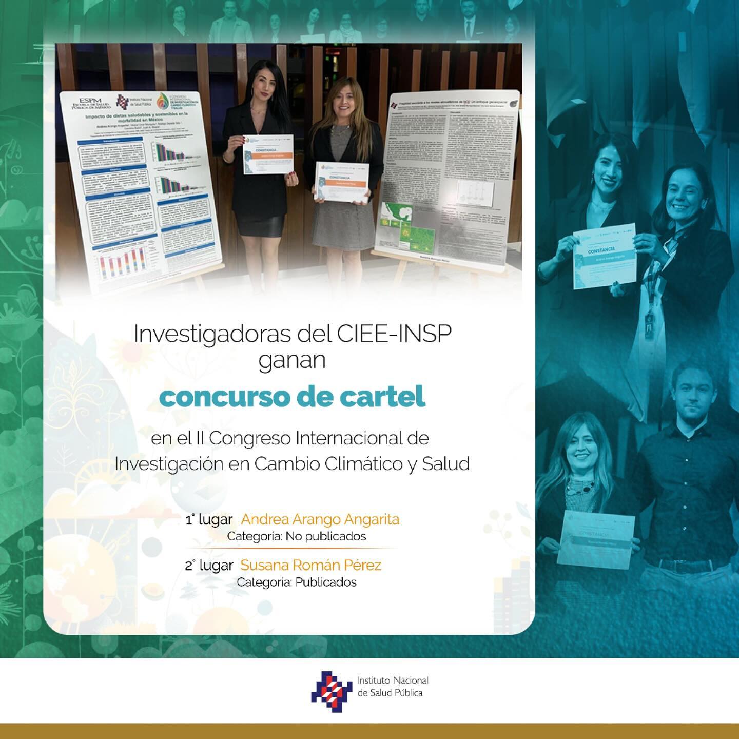 Enhorabuena a nuestras investigadoras del CIEE-INSP, ganadoras del concurso de cartel en el II Congreso Internacional de Investigación en Cambio Climático y Salud.

¡Muchas felicidades!

#OrgulloINSP